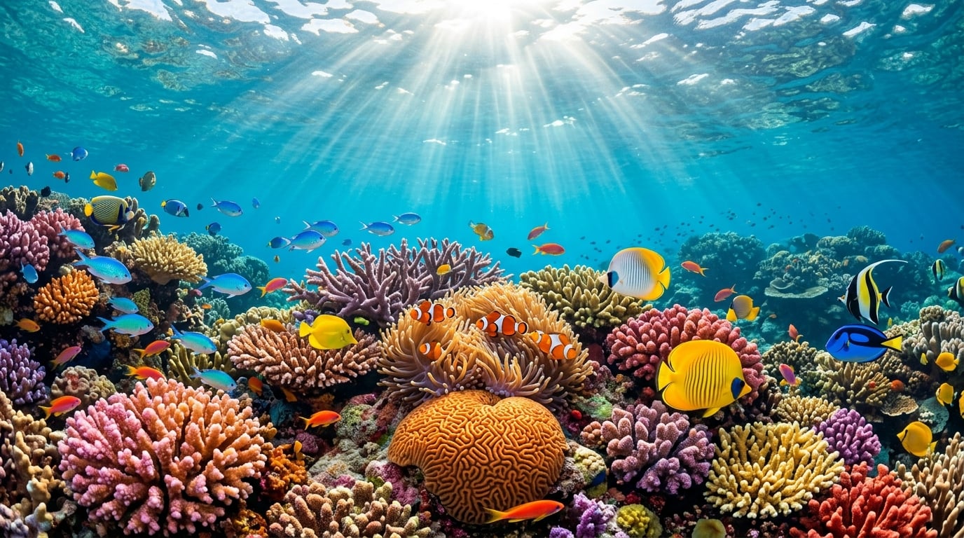 Vibrant underwater coral reef with tropical fish